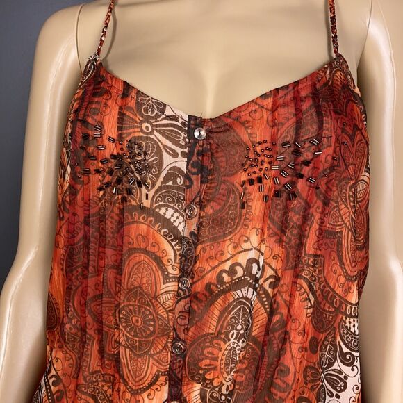 LC Lauren Conrad Womens Large T Back Racerback Blouse Tank Top Paisley Orange - Picture 2 of 7